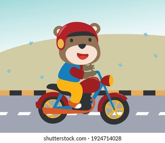 Cool bear and motorcycle funny animal cartoon,vector illustration. Creative vector childish background for fabric, textile, nursery wallpaper, poster, card, brochure. and other decoration.