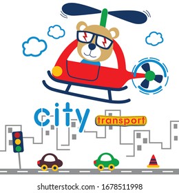 Cool oso en la caricatura animal divertida del helicóptero. ilustración vectorial.