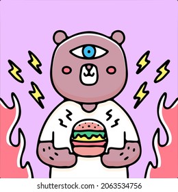 Cool bear with one eye holding burger illustration. Vector graphics for t-shirt prints and other uses.