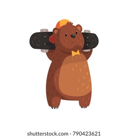 Cool bear in orange cap and bow tie holding skateboard on shoulders. Cartoon teen grizzly with brown fur, rounded ears and paws with claws. Wild animal. Flat vector