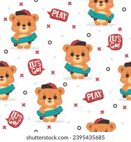 Cool Bear with Skateboard Cartoon Vector Pattern Design.