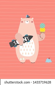 Cool bear with a skateboard and an ice cream in his hands. Vector illustration in a scandinavian style. Cute and funny summer poster.