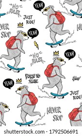 Cool bear skateboarding with slogan text seamless pattern for t-shirt prints and other uses.