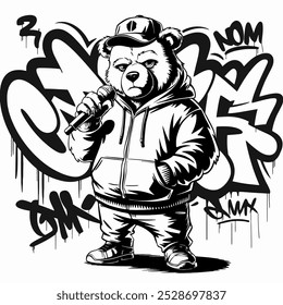 Urso fresco em roupas de rua com alto-falantes e grafite.