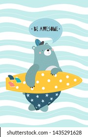 Cool bear with a surfboard on an abstract background. Vector illustration in a scandinavian style. Funny poster.