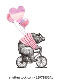 Cool Bear tourist wearing strip t-stirt Ride Bicycle Balloons Love. Vintage Mascot Cute Fun Grizzly Cycle Valentines day Card. Animal Character Black Sketch. Outline Grunge Teddy Flat Vector Illustrat