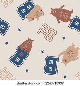 COOL BEAR UNIVERSITY PATTERN WITH BEIGE BACKGROUND