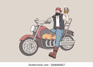 Cool bearded man biker sit on motorcycle drinking beer. Brutal male rocker on motor bike enjoy alcoholic beverage. Subculture, manhood concept. Flat vector illustration, cartoon character. 