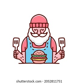 Cool Bearded Old Man With Beanie Ready To Eat Burger Illustration. Vector Graphics For T-shirt Prints And Other Uses.