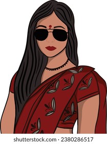 Cool Beautiful Desi girl handdrawn illustration in red traditional clothes and jewelry 