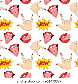 A cool beautiful pattern, seamless pop art of the 90's for clothes, covers. Doodle lips are different. Vector illustration.