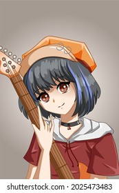 Cool and beautiful rock-star woman with guitar cartoon illustration