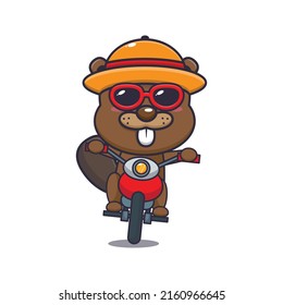 Cool beaver cartoon mascot character ride motocycle in summer day