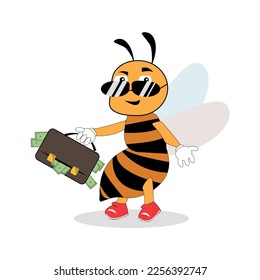 a cool bee in black glasses with a suitcase of dollars in his hands. 2D art
