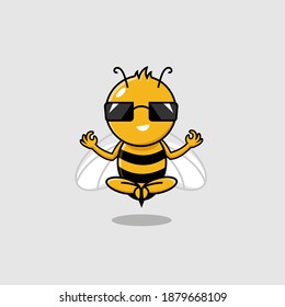 Cool bee in sunglasses, sitting in yoga posture. Vector hand drawn illustration with cute character, mascot