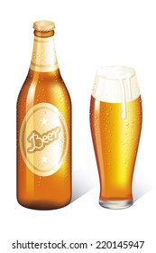 Cool beer. Bottle and glass of beer.