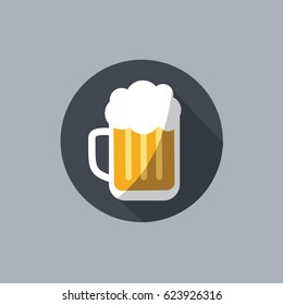 cool Beer mug or beer glass with full foam icon & symbol in a rounded circle. button sign for web. alcohol drink with shadow