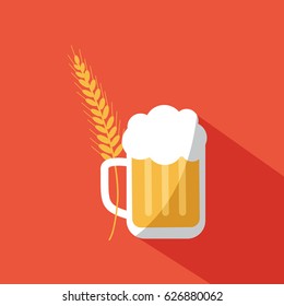 cool Beer mug or beer glass with full foam isolated icon & symbol. button sign for web. alcohol drink with shadow & one gold Wheat modern simple vector on flat design