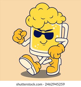 Cool Beer Mug Mascot Character wearing Sunglasses. Retro Flat Cartoon Style. Cartoon Funny Character. Vector Illustration for Logo, Mascot, Merchandise, T-shirt, Stickers, etc.