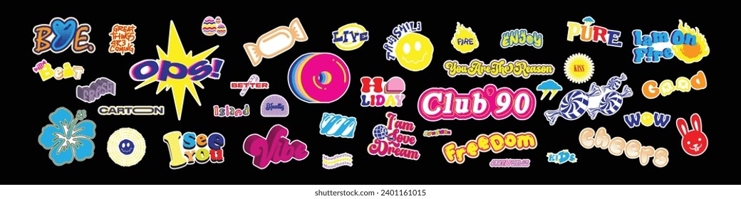 Cool best Stickers Vector Pack. Set of Trendy Groovy Patches. Pop Art Smile Emoji Labels. Vaporwave 2000s Graphics.