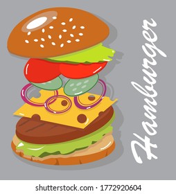 Cool best tasty hamburger. juicy burger components in weightlessness. build the perfect burger. vector illustration.