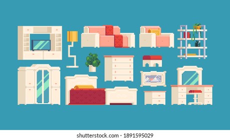 Cool big furniture set. Pixel art vector illustrations