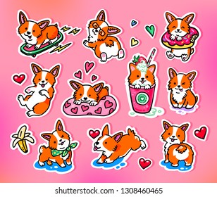 Cool big set of funny stickers with Welsh Corgi. Fashion patches, stickers, pins and signs isolated on pink background. Great for greeting cards, Valentine's Day and more.