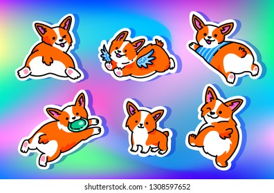 Cool big set of funny stickers with Welsh Corgi. Fashion patches, stickers, pins and signs isolated on holographic background.
