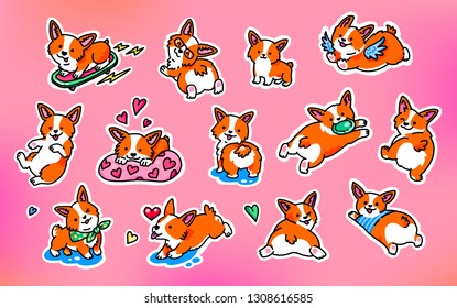 Cool big set of funny stickers with Welsh Corgi. Fashion patches, stickers, pins and signs isolated on pink background. Design elements for Valentine's day and more.