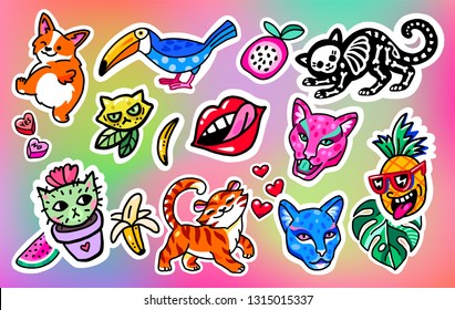 Cool big set of patches, stickers, pins and signs with tiger, cat skeleton, monstera and other . Tropical exotic design elements. Isolated on holographic background.