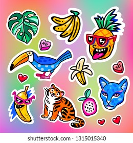 Cool big set of patches, stickers, pins and signs with tiger, toucan, pineapple and other . Tropical exotic design elements. Isolated on holographic background.