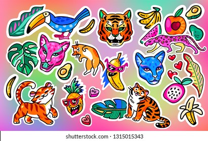 Cool big set of patches, stickers, pins and signs with tiger, hearts, monstera and other elements. Isolated on holographic background.