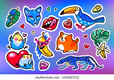 Cool big set of patches, stickers, pins and signs with toucan, leopard, banana and other elements. Isolated on holographic background.