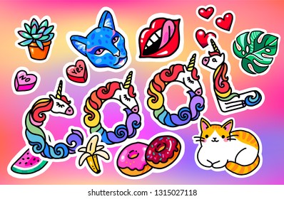 Cool big set of patches, stickers, pins and signs with unicorn letters, leopard, banana and other elements. Isolated on holographic background.