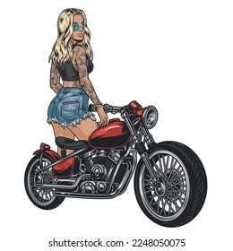 Cool biker girl sketch colorful Attractive blonde model with perky tattoos and big motorbike for motor biking subculture vector illustration