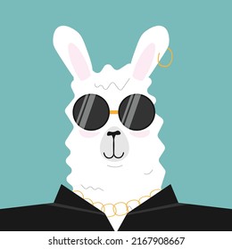 Cool biker lama or alpaca with dark leather jacket and black sunglasses. Isolated on blue background. Flat Vector illustration 