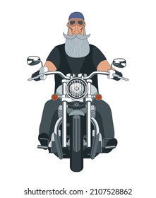 Cool biker on a motorcycle. Front view. Charismatic character