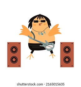 Cool bird in rock style. Cool parrot. Vector illustration with isolated background. Flat style parrot. Illustration for use on textiles, bed linen. Musical birds.