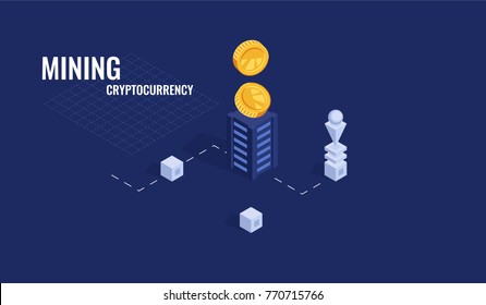 Cool bitcoin cryptocurrency mining scheme, vector banner of electron money crafting and transfer, online banking concept isometric illustration