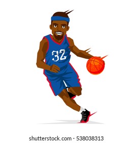 Cool black basketball player in a blue uniform with a ball. Vector illustration on white background. Sports concept.