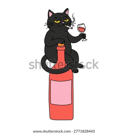 Cool Black Cat Sitting on a Bottle with Wine Glass and Cigarette