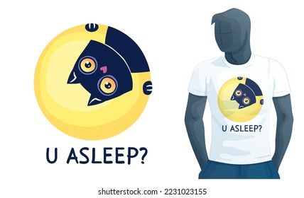 Cool black cat vector illustration, childish print for a white t-shirt with funny phrase U Asleep, male dummy mannequin without face isolated on white background