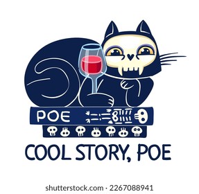 Cool black cat vector illustration, childish print for a white t-shirt with funny phrase Cool Story Poe, male dummy mannequin without face isolated on white background