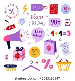 Cool Black Friday venda conjunto com desenho à mão ilustração cartoon. Megafone, preço de etiquetas, presente com etiquetas, cesta de compras para mega descontos. Clipart bonito moda para negócios, loja, internet.