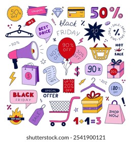 Cool Black Friday Sale set with colorful doodle with hand drawn outline. Big price off tags, labels with percent, elements for shopping, purchases, package for store, internet, business promo offers.