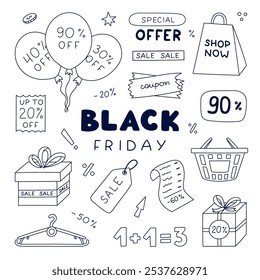 Viernes Negro fresco conjunto con dibujado a mano doodle. Precio de etiquetas, globo, caja de regalo, Cupón, cesta para la promoción de la venta caliente. Clipart de garabatos simple de moda para compras en línea y fuera de línea.