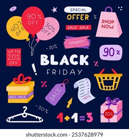 Cool Black Friday set with hand drawn cartoon illustration. Price off tags, balloon, gift box, coupon, basket for promotion of hot sale. Trendy simple clipart for online and offline shopping.