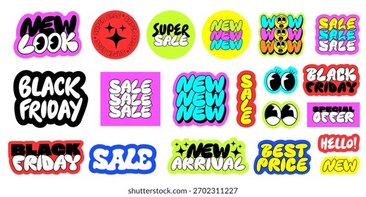 Cool Black Friday Stickers Set Vector Design. Trendy Sale Collage Pattern. Blackfriday Promo Banner.