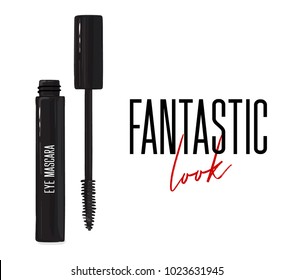 Cool black mascara with applicator brush close-up, isolated on white background. Fantastic lash look  visage. Make up feminine container. Elegance female glamour  print. Luxury brand  cosmetology. 