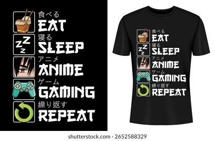 A cool black T-shirt design featuring a funny, relatable lifestyle cycle of eat, sleep, anime, gaming, and repeat. A perfect gift for gamers.